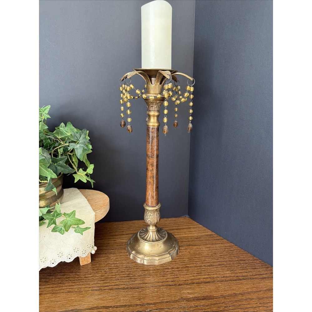 Vintage Hollywood Regency‎ Brass Faux Marble Candlestick Amber Beads